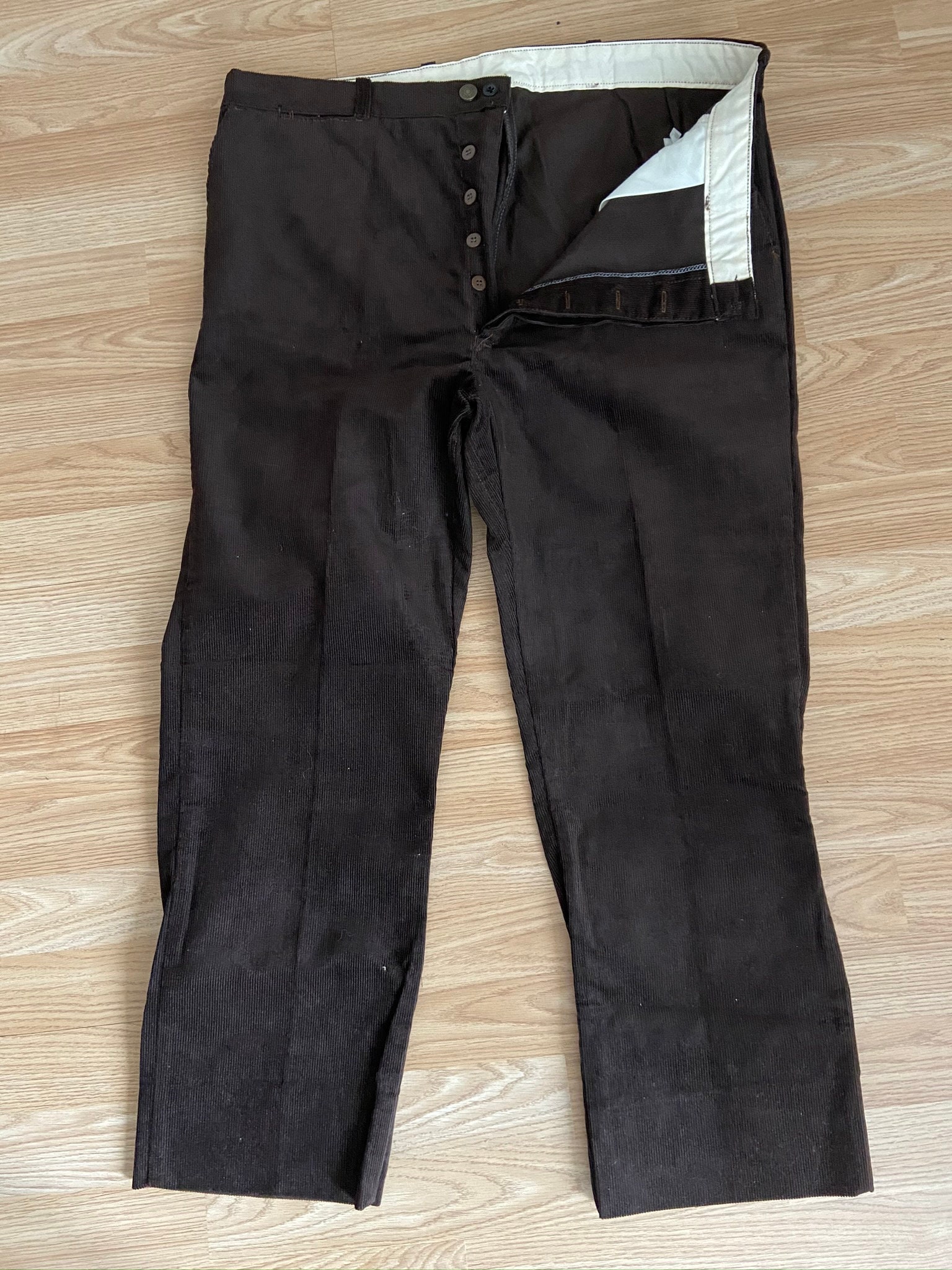 Image of French Flat Fronted Button Fly Corduroy Trousers | Dark Brown Size W38 L27.5
