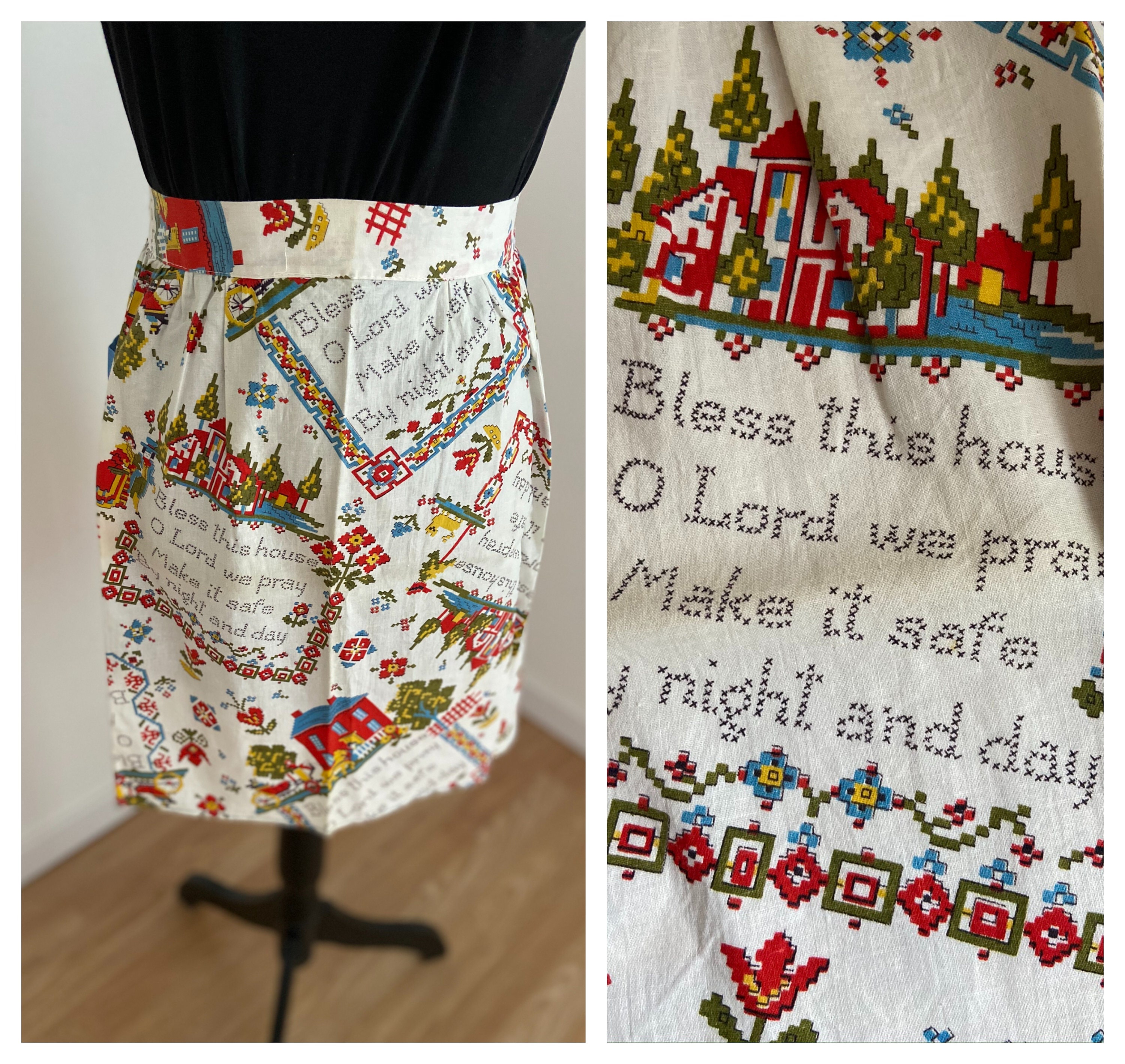 Français Vintage Des Années 1960 Bless This House' Cotton Half Pinny/Bistro Picture Apron