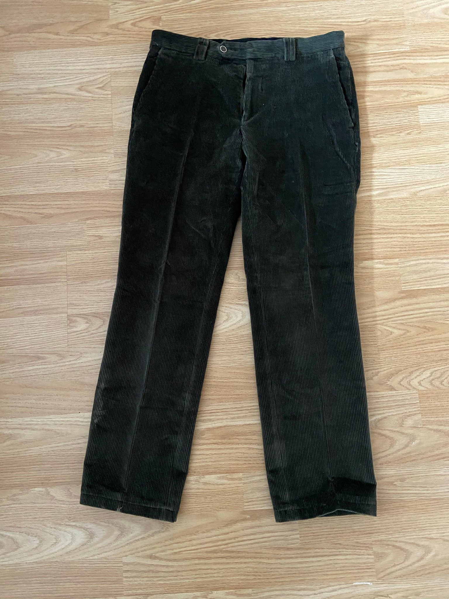 Image of French Flat Fronted Corduroy Trousers | Dark Khaki Green Size W32 L29