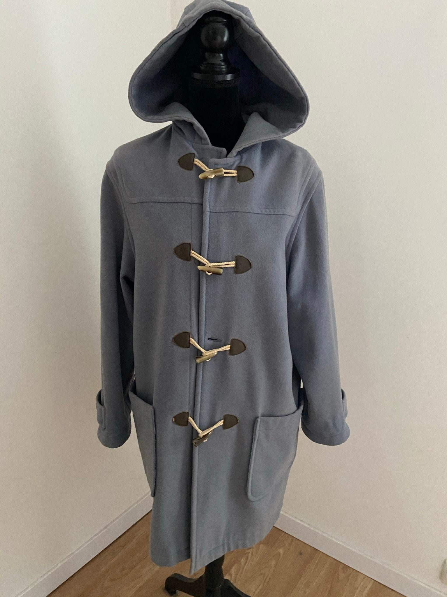 Image of Ladies Cashmere & Wool Fully Lined Duck Egg Blue Duffle Coat With Large Pockets Slouchy Hood | M
