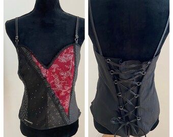 Vintage French Black and Red Corset / Bustier / Basque with Lace Up Back and Sweet Heart Neckline (S/M) - FR40 / UK12 / US8