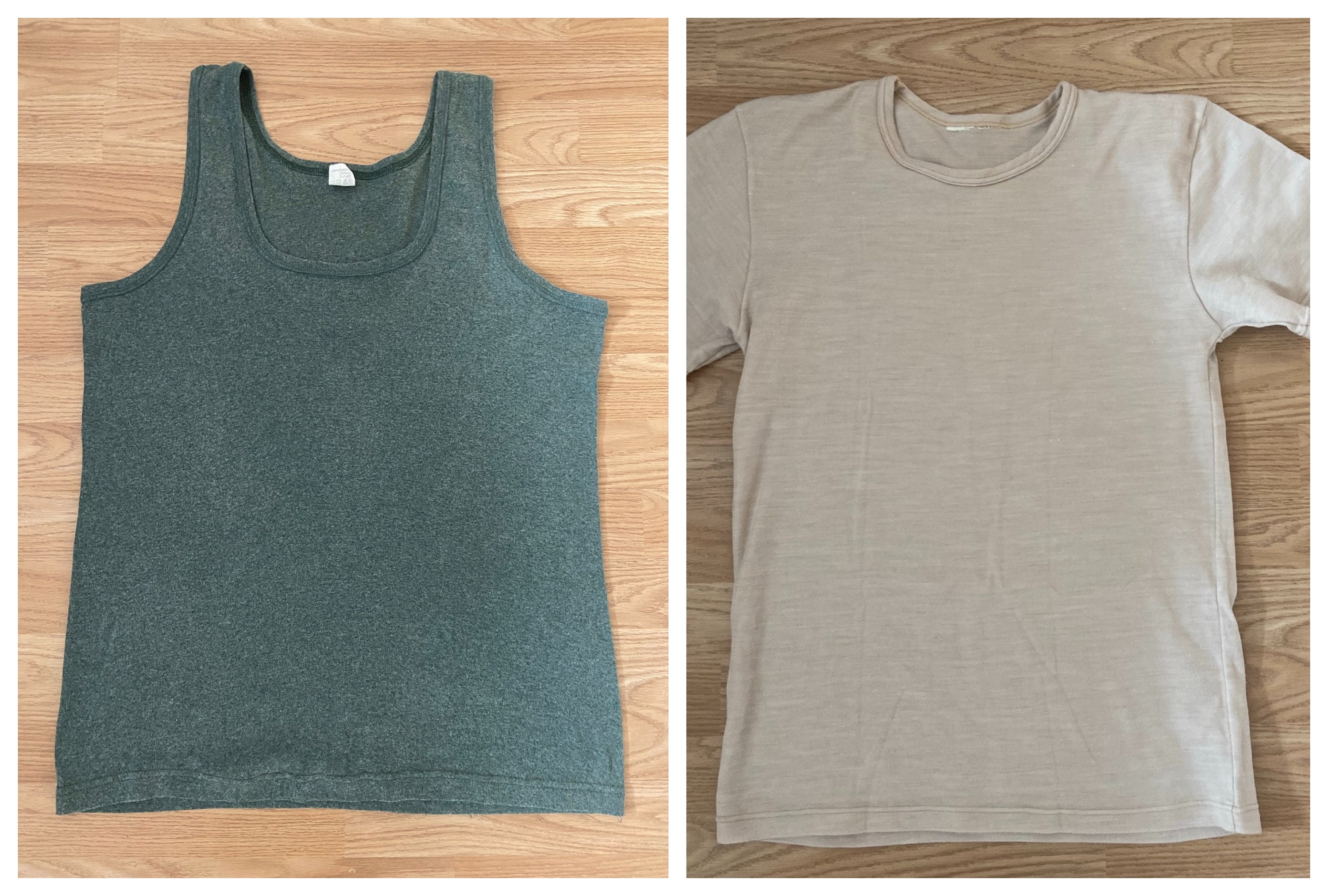 Image of x2 Vintage 1970's Mens Cotton Vests | Beige Short Sleeve Vest & Green Sleeveless Vest | L