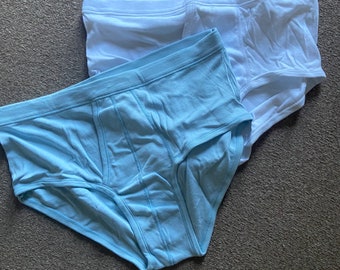 NOS - 2 paires de sous-vêtements vintage en coton thermique Français blanc et bleu clair pour hommes / Fronts Y / Caleçons d’écolier (XXL)