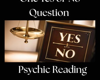 Può includere: Una bilancia dorata con un cartello di legno che dice "YES" e "NO". Il cartello è su uno sfondo marrone scuro. Il testo "One Yes or No Question Psychic Reading Natasha Aucherlees" è sotto il cartello.