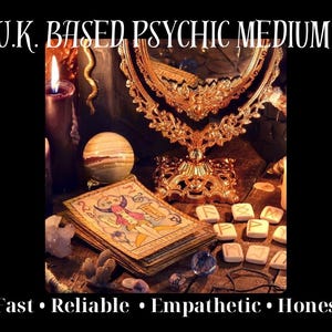 May include: A dark wooden table with a lit candle, a crystal ball, tarot cards, runes, and a gold mirror. The text "U.K. BASED PSYCHIC MEDIUM" is at the top of the image. The text "Fast - Reliable - Empathetic - Honest" is at the bottom of the image.