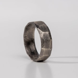 Wedding Band for Men Oxidized Silver Brutalist - Custom Engraved Rustic Ring SR00078