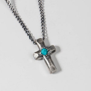 Rustic Cross Pendant Men Oxidized Silver Real Turquoise - Brutalist Cross Necklace - Birthday Gift for Him SN00199