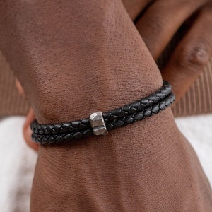 Men Bracelet Black Leather Braided Oxidized Sterling Silver - Hammered Double Bracelet - Gift for Him - SB00011