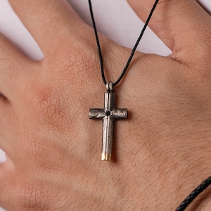 Cross Necklace Men Oxidized Silver and 14K Gold Black Diamond Brutalist Rustic Pendant - Gift for Husband SN00214