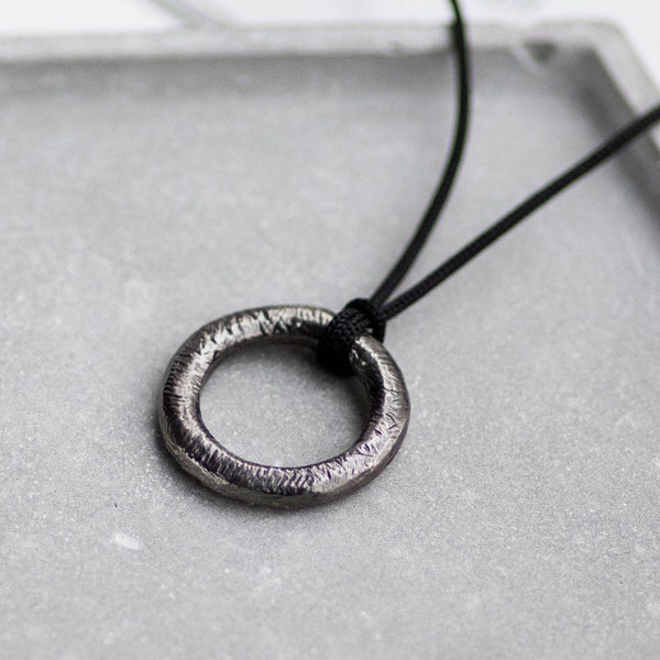 Simple Men Necklace Circle Pendant Sterling Silver Oxidized - Long Cord Necklace - Men Jewelry - Birthday Gift for Him - SN00156