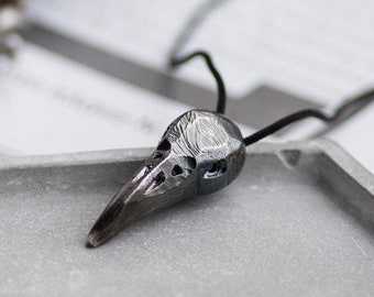 Raven Skull Necklace, Oxidized Sterling Silver Gothic Viking Pendant for Men SN00151
