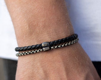 Bracelet Men Silver Double Chain and Leather Cord - Black Oxidized Silver Chain Bracelet - Birthday Gift for Him SB00010