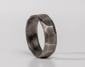 Wedding Band for Men Oxidized Silver Brutalist - Rustic Wedding Ring SR00078