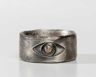 Evil Eye Ring oxidiert Silber Brown Diamant - breite Band Ring für Männer und Frauen SR00082