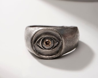 Signet Ring Men Oxidized Silver Brown Diamond Evil Eye - Brutalist Rustic Heavy Ring - SR00092