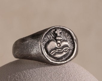 Sacred Heart Ring Men Oxidized Silver 925 - Religious Christian Signet Ring in Brutalist Style with Brown Diamond SR00088