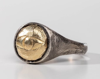 14K Gold Signet Ring Men and Oxidized Silver - Eye Protection Pinky Ring Brutalist - SR00090
