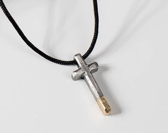 Cross Necklace Men Jewelry Oxidized Silver 14K Gold - Brutalist Unisex Thin Cross Pendant - Birthday Gift for Him  SN00046