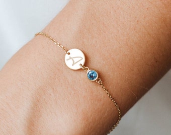 Personalized Mothers Day Gift for Her - Disc Initial April Birthstone Bracelet Gold Vermeil Custom Engraved -SB00042