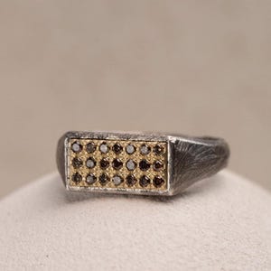 Puede incluir: Un anillo de plata con una cara rectangular. La cara está engastada con pequeñas piedras redondas, doradas y rojo oscuro, dispuestas en un patrón de cuadrícula. El anillo se muestra sobre una superficie blanca.