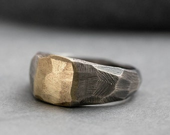 Brutalist Signet Men Ring Oxidized Silver 14K Gold - Faceted Wide Ring for Women - Birthday Gift for Him and Her - SR00004