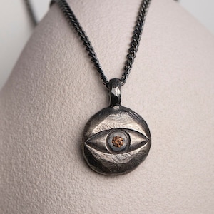 Evil Eye Necklace for Men Oxidized Silver Brutalist with Brown Diamond - Protection Pendant Unisex - Birthday Gift for Him SN00194