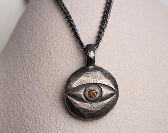 Evil Eye Necklace for Men Oxidized Silver Brutalist with Brown Diamond - Protection Pendant Unisex - Birthday Gift for Him SN00194