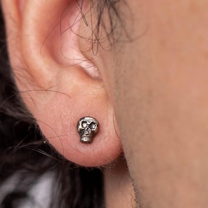 Skull Stud Earrings Oxidized Sterling Silver 925 Men Handmade Small Studs Gothic Gift for Him SE00101