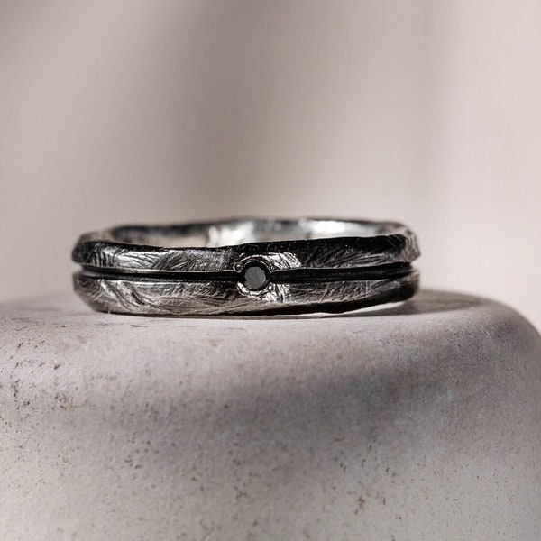 Men's Jewelry - Men Ring Black Diamond Oxidized Silver Brutalist  - Raw Wedding Band - Gift for Him SR00071