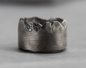 Mens Ring Brutalist Oxidized Silver Black Diamonds - Men Jewelry - Rustic Thick Band - Birthday Gift for Him - SR00075