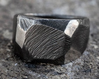 Brutalist Men Ring Black Silver Oxidized Wide - Flat Top Statement Mob Ring - Birthday Gift for Him  SR00059