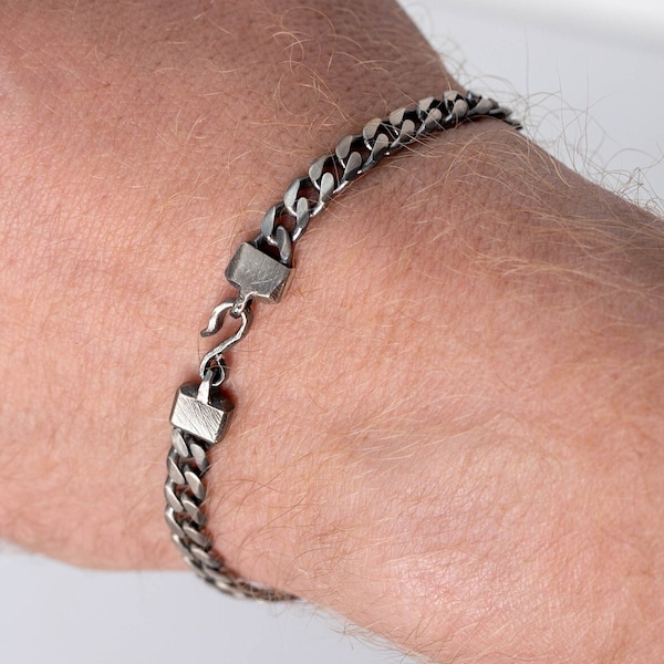 Silver Chain Bracelet for Men Curb Oxidized Sterling Silver 5mm - Everyday Men Jewelry - Birthday Gift for Him - SB00080