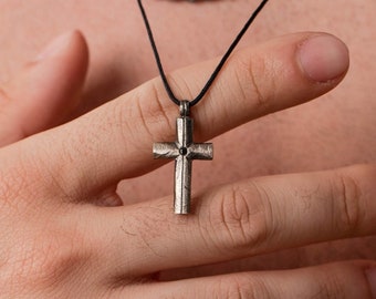 Cross Necklace Men Oxidized Silver Black Diamond Brutalist Rustic Pendant - Gift for Boyfriend SN00208