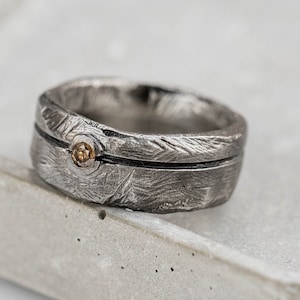 Brutalist Brown Diamond Ring Men Wedding Band Oxidized Sterling Silver Wide - Birthday Gift for Him SR00068