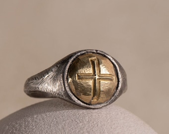 Cross Ring Men 14K Gold Oxidized Silver Brutalist - Rustic Signet Dome Ring - SR00089