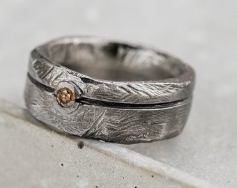 Brutalist Brown Diamond Ring Men Wide Band Oxidized Sterling Silver - Wedding Band for Him - Birthday Gift SR00068