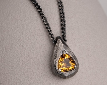 Citrine Necklace Men Oxidized Silver - Drop Pendant with Natural Citrine Gemstone Trillion for Men and Women in Rustic Design SN00209