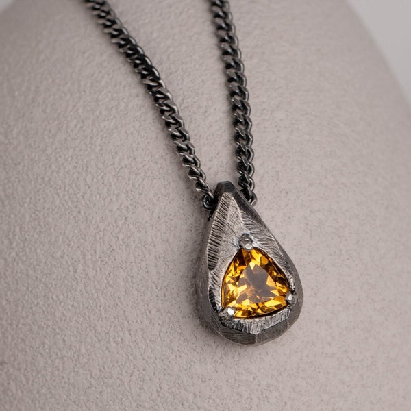 Citrine Necklace Men Sterling Silver 925 Oxidized, Natural Yellow Gemstone Pendant, Gift for Him SN00209