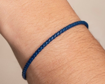 Blue Leather Bracelet Men Women Oxidized Silver Clasp - Navy Blue Braided Cord - Gift for Him and Her SB00022