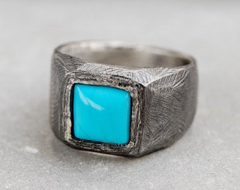 Turquoise Ring Men Brutalist Signet Oxidized Silver -  December Birthstone Birthday Gift for Him  SR00072