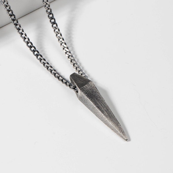 Rustic Necklace Men Oxidized Silver - Brutalist Spike Pendant Handmade - Birthday Gift for Him SN00036