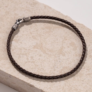Brown Leather Cord Bracelet Men Oxidized Silver Braided Women Simple - Groomsmen Gift for Him and Her SB00022