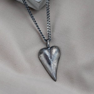 Heart Pendant Necklace Oxidized Silver Men Women Brutalist - Birthday Gift for Him for Her -  SN00195
