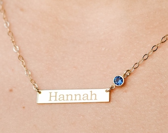 Personalized Name Bar Necklace with Birthstone, Sterling Silver Gold Plated Custom Jewelry SN00117