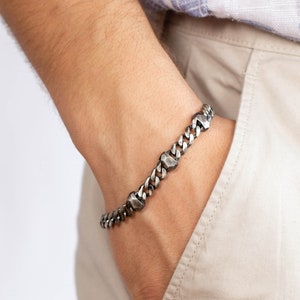 Wide unique handmade chain bracelet for men in oxidized sterling silver 925