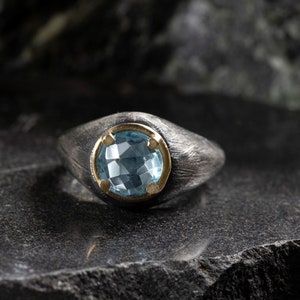 Blue Topaz Ring Men Women Brutalist Rustic Oxidized Silver and 14K Gold Unisex Dome Gemstone Ring Birthday Gift SR00006 image 5