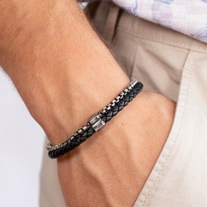 Silver chain and black leather bracelet for men