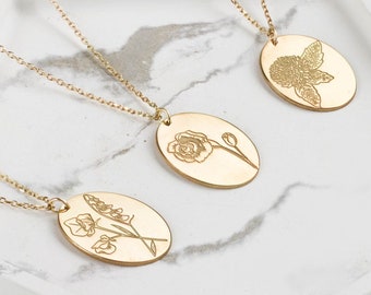 Personalized Birth Flower Necklace, Sterling Silver Custom Floral Pendant - SN00114