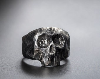 Skull Ring Men Brutalist Black Silver Oxidized - Wide Ring Hand Carved - Birthday Gift for Him  SR00061