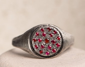 Mens Ruby Signet Ring Oxidized Silver, Brutalist Red Gemstone Ring SR00149